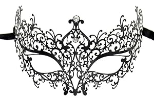 SKY TEARS Masquerade Mask for Women Metal Venetian Cosplay Masquerade Masked Ball Fancy Party, White Rhinestone, Black Mask