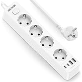 8 in 1 Power Strip with USB C and 4 USB, 4000W Cable 1.8M, White | Power Strip with Switch and Surge Protection, 4 Outlets, W