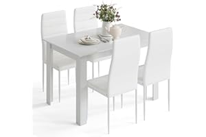 Mondeer Esstisch mit 4 Stühlen Set, Essgruppe mit Hochlehner Kunstleder Stuhl für Küche Esszimmer Wohnzimmer, W120 x D90 x H75 cm, Weiß
