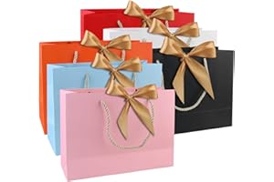 CRESBEL Lot de 6 sacs cadeaux en papier avec ruban d'arc, grands sacs cadeaux avec anse pour anniversaire, mariage, festival, Noël, 28 x 20 x 10 cm, couleur