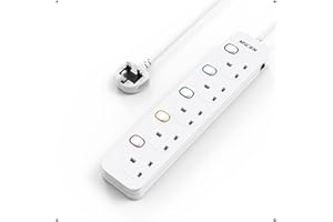 Mscien Short Extension Lead 1M 5 Way Wall Mounted, 1M Extension Lead 5 Gang Switched with Multiple Protection, Fused Power Strip with Indicator Light, Suitable for Home, Office and Kitchen, 13A/3250W