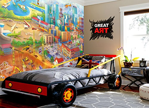 Fototapete Kinderzimmer comic style – Wandbild Dekoration Wimmelbild Großstadt Baustelle Hubschrauber Flugzeug Bagger Flughafen | Foto-Tapete Wandtapete Fotoposter Wanddeko by GREAT ART (336 x 238 cm) - 9