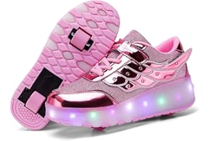 LOVELYSI Unisex Kids LED USB Rechargeable Single Double Wheels Trainer Roller Skates Shoes Retractable Lightweight Outdoor Sports Cross Trainers Gymnastic Running Sneakers for Boys Girls