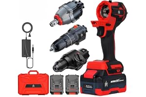 JPT Heavy Duty Brushless 3-In-1 Cordless Power Tool Set 3-Speed Power Unit with Impact Wrench, Impact Drill, and Rotary Hammer Attachment