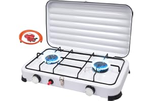 QDRECLOD Réchaud Gaz Camping 2 Feux Portable, 4.4KW Rechaud Camp Gaz Auto-Ignition pour Extérieur avec Tuyaux 150 cm et Régulateur de 37 mbar, Couvercle Détachable