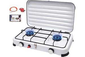 QDRECLOD Réchaud Gaz GPL Camping Portable 2 Feux 4,4kW - Allumage Automatique, Tuyau PVC 150 cm + Régulateur 37 mbar - Réchaud Extérieur Couvercle Amovible pour Randonnée, Pêche, Pique-Nique
