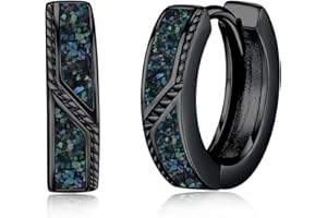 Midir&Etain Malachite/Turquoise/Blue Opal Hoop Earrings for Men Women 925 Sterling Silver Black 15mm Huggie Earring Hypoallergenic Jewellery Valentines Birthday Gifts for Friends Couple