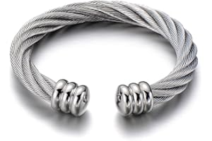 COOLSTEELANDBEYOND Duża elastyczna regulowana stalowa skręcona bransoletka mankietowa dla mężczyzn kobiet kolor srebrny, Stal nierdzewna, nie dotyczy