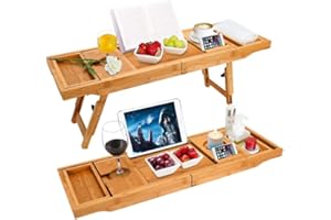 OHMG Pont de Baignoire Extensible Bambou,Plateau de Rangement Baignoire Expérience de Spa,2 en 1 Plateau en Bambou Naturel de Baignoire/Lit,avec Support pour Verre à Vin,Livre et Tablette