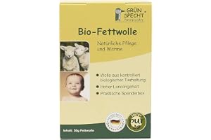 GRÜNSPECHT Ekologisk fettull för vård av känsliga babypopos och stressade bröstvårtor, fårull med hög lanolinhalt, återförslutningsbar dispenserlåda (638–00)