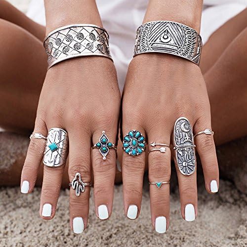 FinDox(TM) 9Pcs/Set Vintage Ring Set Unique Carved Antique Silver Knuckle Rings for Women Gypsy Midi Anel Beach Jewelry Joint Ring Set