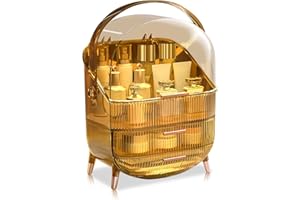 Galatée Przenośny organizer na kosmetyki z serii retro, obracany o 180°, z pyłoszczelną pokrywą, organizer na kosmetyki z 2 szufladami i uchwytem do noszenia, bursztynowy