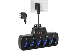 AONOKA Presa Multipla Salvaspazio,Ciabatta Elettrica Multipresa con Interruttori Indipendenti,Multipresa 5 Posti Polivalenti P40 10/16A Italiana Tedesca Universali Schuko Bipasso,Spina 16A,Cavo Corto,Nero