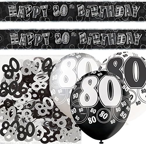 Black Silver Glitz 80th Birthday Banner Party Decoration Pack Kit Set