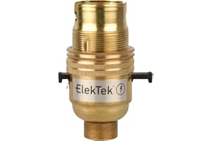 ElekTek Safety Switch Lamp Bulb Holder B22 BC Bayonet Cap & Shade Ring 1/2” 26TPI Threaded Bottom Entry Brass Made in UK - Child Safe Switch Push Bar locks OFF & cuts power if no bulb fitted