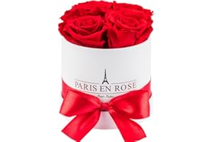 PARIS EN ROSE Rose Box with 4 Red Infinity Roses Size XL Preserved Eternal Rose Round White Box with Bow 3 Years Shelf Life Greeting Card
