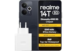 realme 14T 5G smartfon 8 + 256 GB, Procesor Dimensity 6300 5G, Tytaniczna bateria 5260 mAh, Szybkie ładowanie 45 W, Wyświetlacz AMOLED Esports 120 Hz, IP69, NFC, Czarny(bez adaptera)