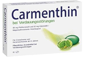‎CARMENTHIN Carmenthin bei Verdauungsstörungen | 14 Weichkapseln | pflanzliches Arzneimittel bei Blähungen, Völlegefühl & Schmerzen | mit Pfefferminzöl & Kümmelöl | beruhigt den gereizten Magen-Darm-Trakt