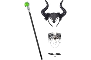 TANKERMO 4PCS Königin Hörner Kopfbedeckung mit Stab Magisches & Gothic Halskette Set,Halloween Accessoires Damen Teufelshörner Böse Kostümzubehör,Schafkopf Haarreif Teufel Kostüm Maleficent Cosplay Karneval