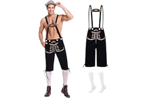 Harsever Lederhose Herren Set, Trachten Leddsserhose Oktoberfest Outfit Trachtenhose mit Träger und Socken, Lederhosen Herren Schwarz/Braun, Bayrische Tracht Outfit für Oktoberfest