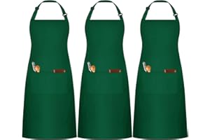 umboom 3 Pezzi Verde Grembiule, Regolabili Cuoco Grembiule con 3 Tasche per Donna Uomo, Professionale Lavoro Grembiule per Cucina, Barbecue, Ristorante, Bar, Giardino, Pittura (Policotone - Verde)
