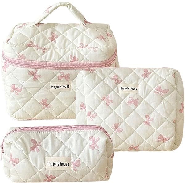 Set 3 Borse Cosmetriche Trapuntate Floreali - Trousse Da Viaggio In Cotone Morbido