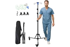 HOCOMAY Supporto per gocciolamento IV con ruote, supporto pieghevole con 4 ganci, 3 sacchetti a rete e 1 borsa portaoggetti, palo portatile portatile regolabile in altezza per ospedali, cliniche, assistenza