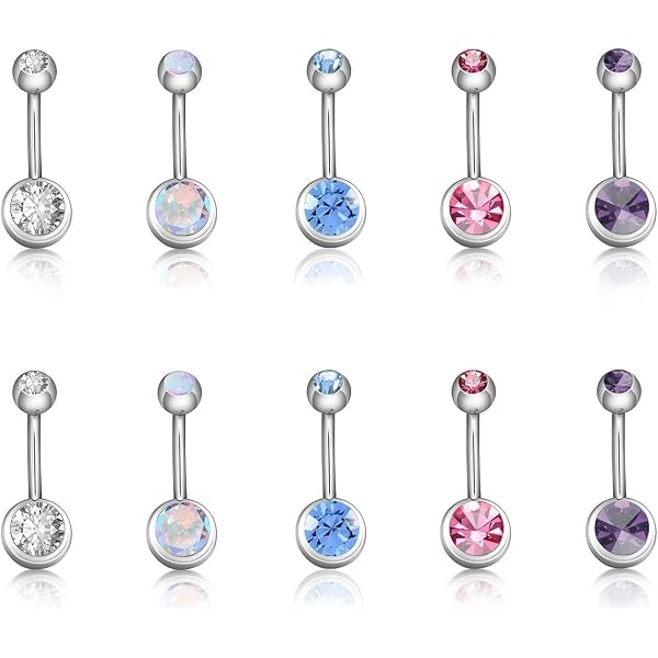 Lot De 20 Piercings Nombril 14G Avec Double Gemme - Acier Inoxydable - Multicolore - Neuf