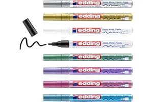 ‎EDDING edding 751 Glanzlackmarker Set - schwarz weiß gold silber blau grün violett pink (metallic) - 8 Stifte - Rundspitze 1-2mm - Lackstift für Glas Stein Holz Kunststoff Papier - wasserfest, stark deckend