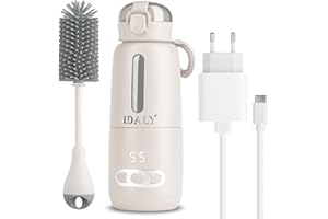 IDALY Chauffe Biberon Nomade Sans Fil - Chauffe Lait/Eau Portable Pour Voyage, Voiture-Charge USB, Capacité 300ml-Température Réglable 37 à 55°C + Maintien-Cadeau Naissance Nouveau Né, Fille, Garcon (BLANC)