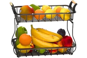 BestAlice Cesto Portafrutta a 2 Livelli per Piano di Lavoro della Cucina, Cestini per Il Pane Portafrutta Supporto per Verdure con Manico in Legno, Cesto in Filo Metallico Staccabile(Nero)