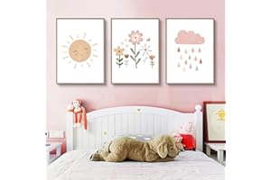 EXQULEG Zestaw 3 obrazów ściennych do pokoju dziecięcego, plakat w stylu boho, tęczowe słońce, chmury, kwiaty i motyle, obrazy DIN A4, dla dziewcząt i chłopców, dekoracja boho (ABC)
