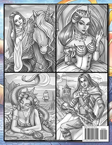 Book's Cover of Light & Dark Fantasy: A Grayscale Coloring Book Collection with Beautiful Women, Magical Creatures, and Relaxing Fantasy Scenes