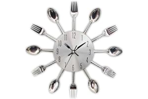 TimeLike - Orologio adesivo 3D da cucina, effetto specchiato, con motivo forchette e cucchiai, rimovibile, da arredamento 32*32*4CM argento