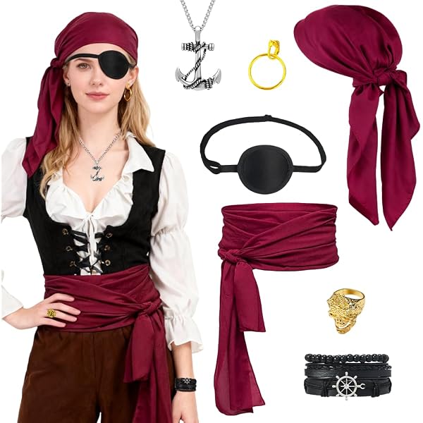 Set De 3 Accesorios De Disfraz Pirata – Pañuelo De Seda, Faja De Lino Y Parche Ajustable, Ideal Para Halloween Y Fiestas Temáticas