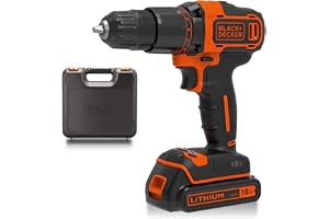 BLACK+DECKER Cordless Hammer Drill,18V, 1.5Ah Li-Ion Battery, 10 Torque Settings, 21,000 BPM, Variable Speed, Keyless Chuck, Includes Kitbox, for Wood, Metal, Masonry, Orange - BCD700S1K-GB