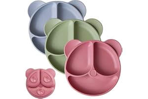 QSHARE Assiettes en Silicone avec Ventouse pour Bébé,Pack de 3, Vaisselle set Antidérapantes pour Enfant,avec 3 compartiments,100%sans BPA et approuvées par la FDA,Passe Au Lave-vaisselle et Au Micro-ondes