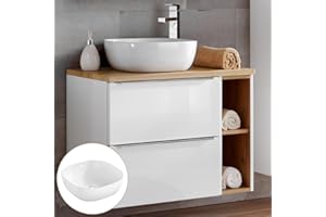 ‎LOMADOX Lomadox Badmöbel Waschtisch-Unterschrank Set mit Regal, Hochglanz weiß mit Eiche, 41cm Keramik Waschbecken, 2 Softclose-Schubkästen, B/H/T 81/74,5/46 cm