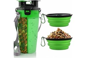 MATT SAGA 800ML Hund Trinkflasche und Futterflasche 2-in-1 mit 2 Faltbar Hunde Reisenapf Tragbare Hundewasserschüsseln zum Gehen, Wandern & Reisen(Grün)