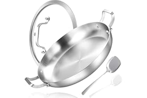Inqibee Padella per paella a tre strati in acciaio inox da 30 cm, con coperchio, padella a induzione, adatta anche al riscaldamento e al forno