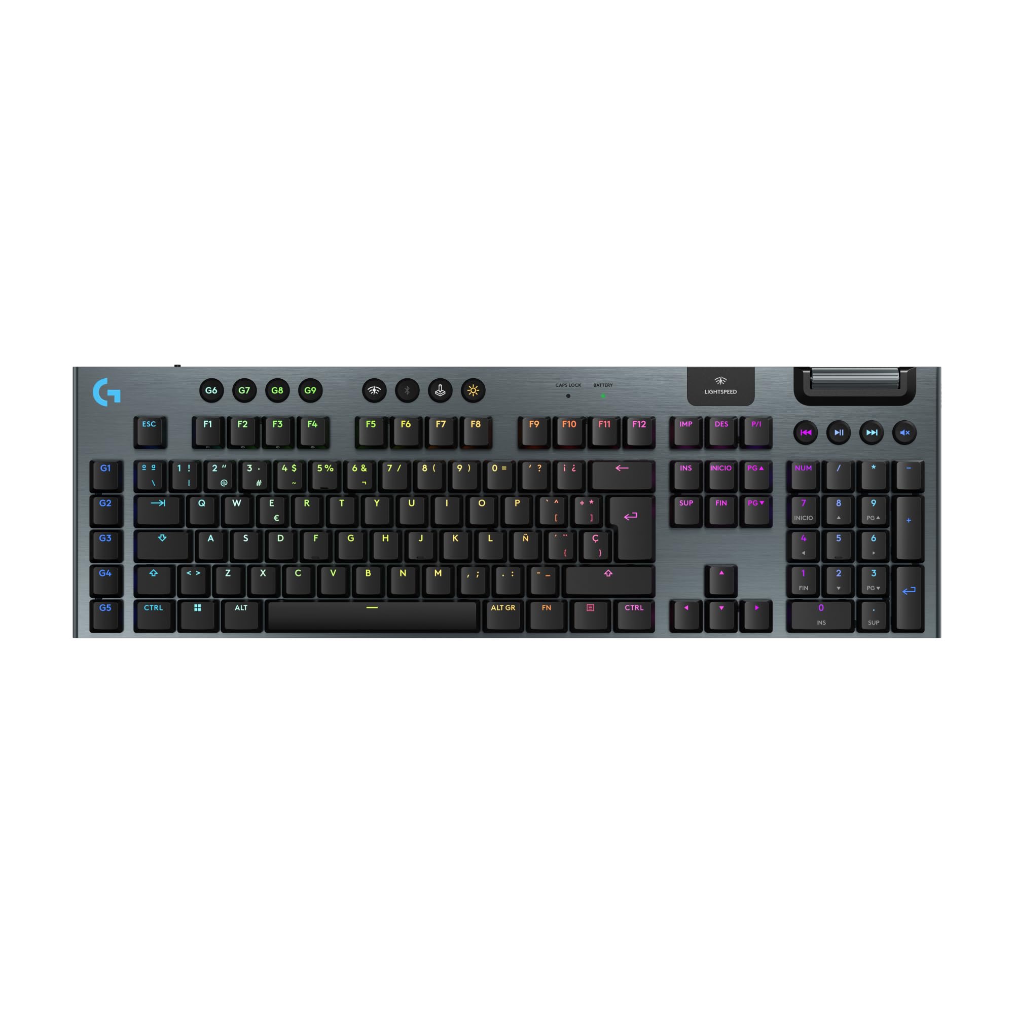 Logitech G G915 X Lightspeed Teclado para Gaming inalámbrico de Perfil bajo | Teclas de PBT de doble moldeado, elegante acabado en aluminio, interruptores táctiles marrones GL, PC/Mac,QWERTY ESP,Negro