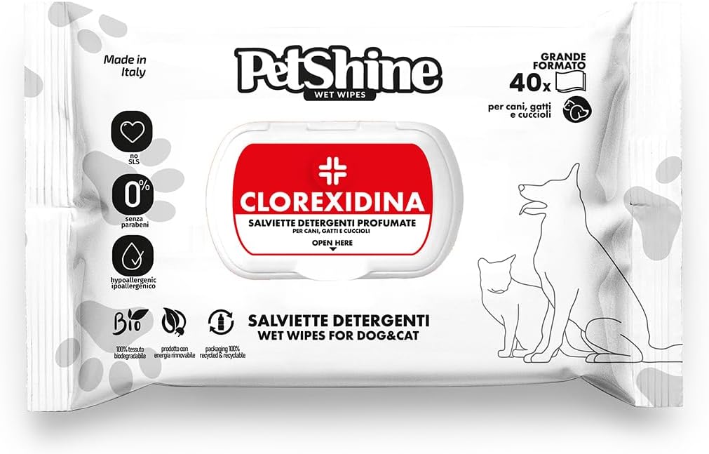 PetShine – Toallitas Higiene para Perro y Gato con Clorexidina, 40 uds, Limpieza Antiséptica, Eliminación de Malos Olores, Sin Alcohol, Apto para Piel Sensible