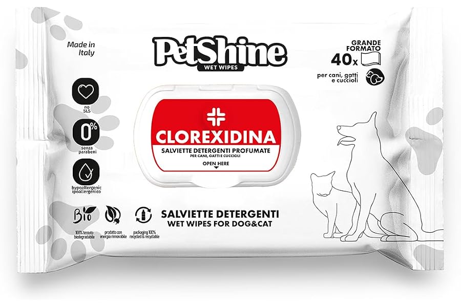 PetShine – Toallitas Higiene para Perro y Gato con Clorexidina, 40 uds, Limpieza Antiséptica, Eliminación de Malos Olores, Si