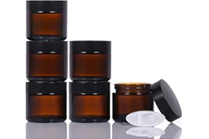 LIYUABU Pack of 6 Brown Glass Empty Containers, 60 ml Cosmetic Containers, Ointment Jars, Refillable Travel Pots, Small Jars, Sample Pots with Black Lids for Cosmetics, Lotion, Creams, Mini Candles