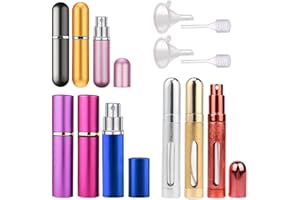 HOSTK 9PCS Mini botella de atomizador de perfume recargable portátil, estuche de bomba de aroma, botella de spray vacía con bomba de embudo y pipeta (5ml 10ml 12ml, tres cada uno, color aleatorio)
