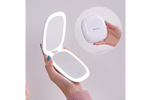 Mocado Compact Mirror with Light, 1X/10X Travel Magnifying Mirror, 10cm LED Travel Makeup Mirror with 3 Color Adjustable Lights, Double Sided USB Rechargeable & Touch Screen, Portable(White)