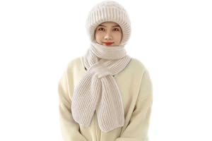 YJWZ Integrierter Gehörschutz Winddichte Mütze Schal,2 in 1 Winddichter Mützenschal Niedlich Mütze Schal Set Damen mit Brosche Winter Warm Strickmütze, Kapuzenschal für Frauen