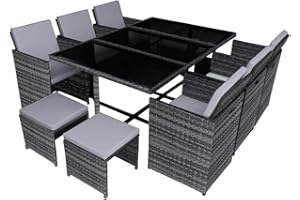 Panana Cube Rattan Garden Furniture Set 10 Seater Dining Table and Padded Chairs Stool Outdoor Patio Grey Wicker with Grey Cushions