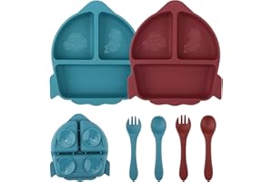 nohlerlife Lot de 2 Assiettes Ventouse pour Bébé, avec 2 Fourchettes 2 Cuillère en Silicone Assiette Compartiments, Ensemble d'Alimentation pour Bébés sans BPA (Bleu/Rouge)