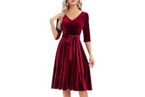 Bbonlinedress Rockabilly Kleider Damen 3/4 arm V-Ausschnitt Midi Langarm Festliche Kleider für Hochzeit Vintage Cocktailkleid